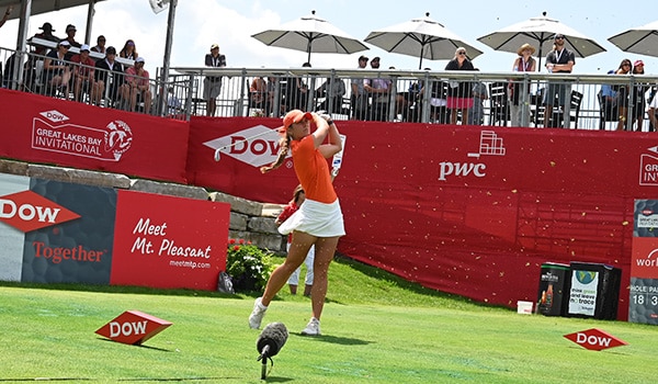 Annabelle Pancake hits a tee shot on the 18th hole at the Dow Great Lakes Bay Invitational.