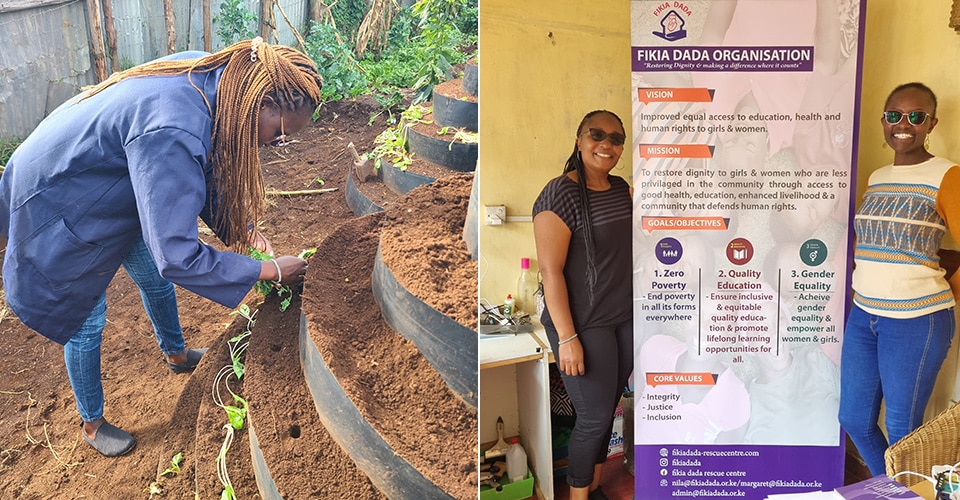 A participant planting seeds and two posing with Fikia Dada poster