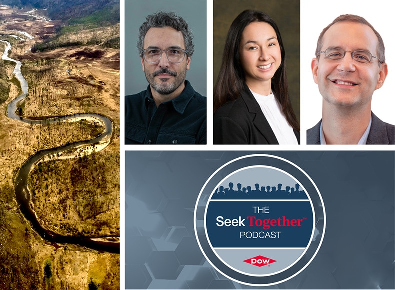 Graphic featuring Zach Green, Wendy Takeguchi, John Holm, a river winding through a valley and a Seek Together Podcast logo